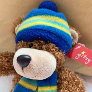 Gitzy 2017 Brown Teddy Bear Plush Blue & Yellow stripe pattern Hat and Scarf 8"